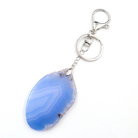 Natural Blue Agate Crystal Pendant Keychain with Lobster Claw Clasp