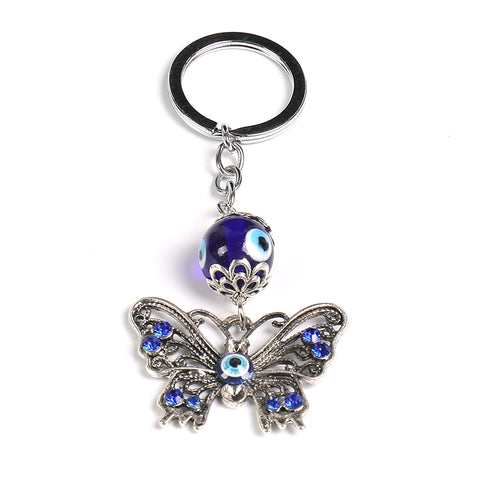 Beautiful Rhinestone Accented Butterfly Pendant with Royal Blue Glass Lucky Evil Eye Keychain