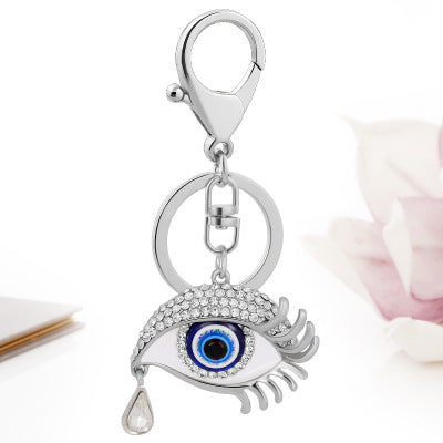 Sparkling Silver Rhinestone Angel Eye Tear Drop Keychain with Lobster Claw Clasp