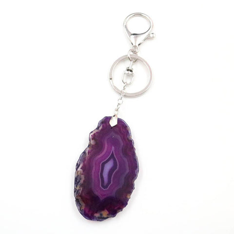 Natural Purple Agate Crystal Pendant Keychain with Lobster Claw Clasp