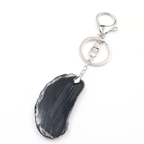 Natural Black Agate Crystal Pendant Keychain with Lobster Claw Clasp