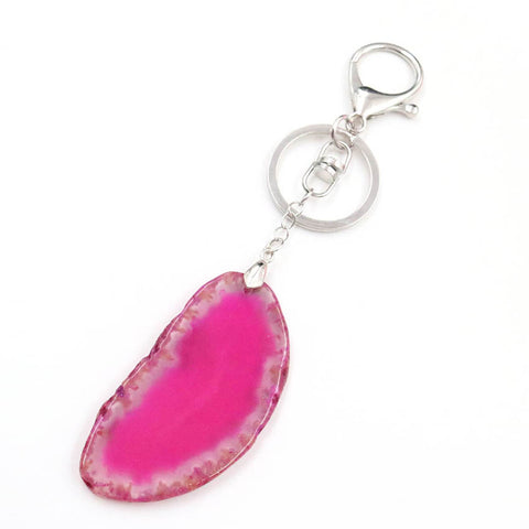 Natural Pink Agate Crystal Pendant Keychain with Lobster Claw Clasp